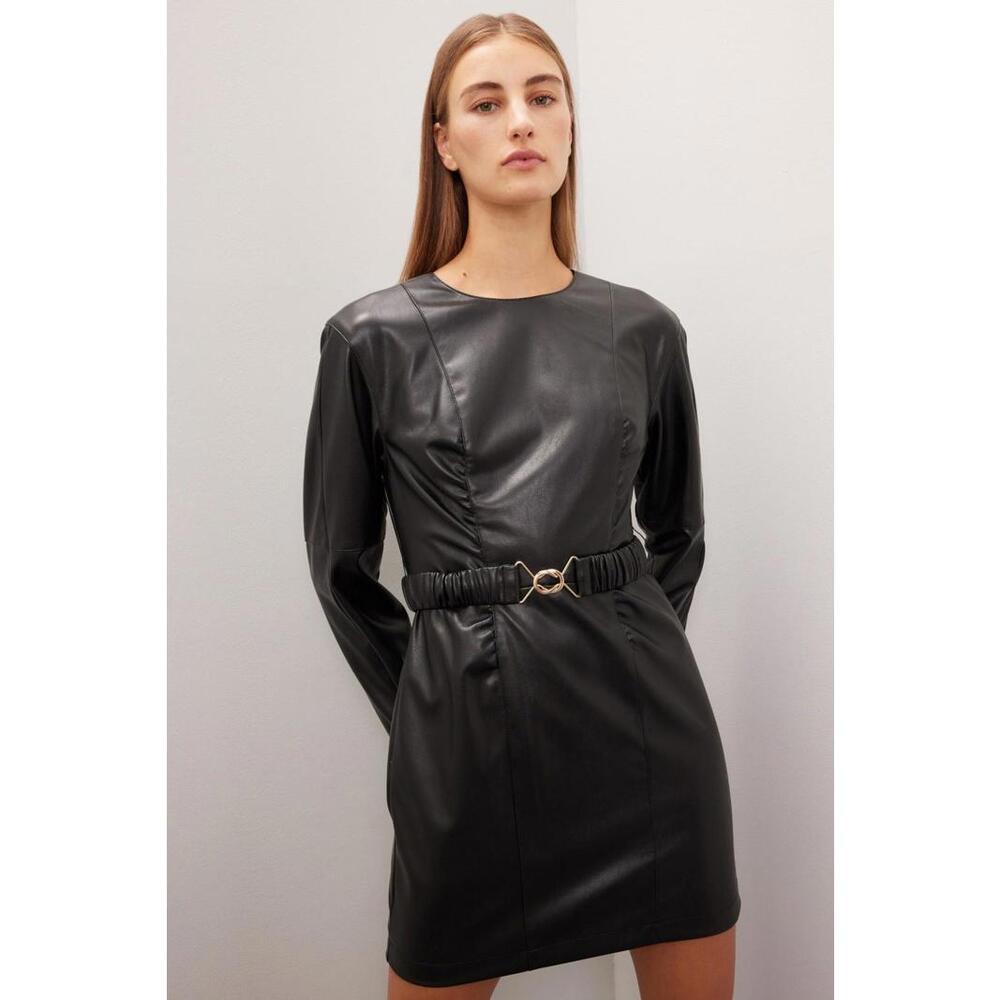 Ronny Kobo x RTR Black Faux Leather Belted Mini Dress Size 10 with Dents - Picture 1 of 7